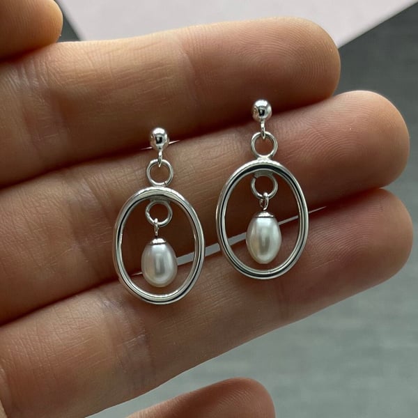 Oval Hoop Pearl Earrings- Handmade, Sterling Silver