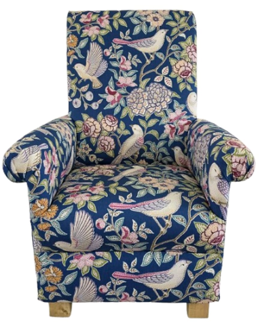 Heritage Floral Birds Fabric Chair Armchair Navy Blue Accent Statement Nursery