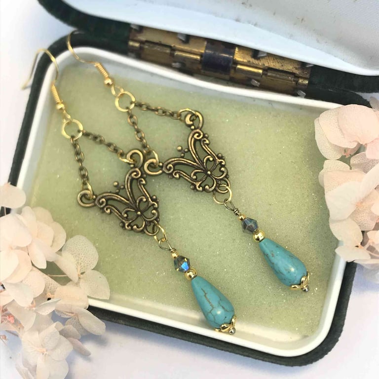 Vintage Style Turquoise and Bronze Chandelier Earrings