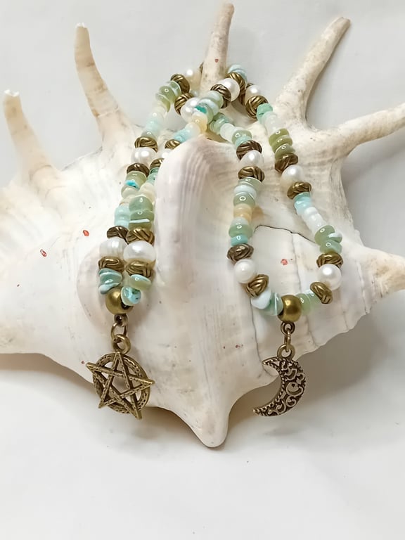Puka Shells, Pearls & Bronze Bracelet