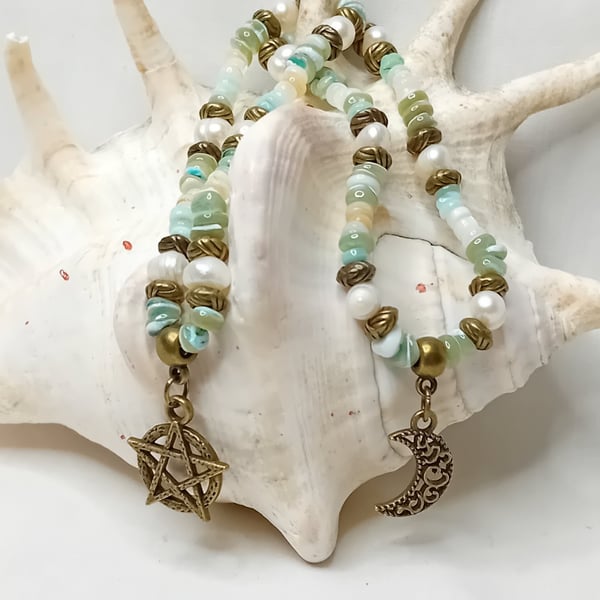 Puka Shells, Pearls & Bronze Bracelet