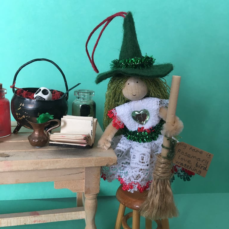Tiny Witch Doll Hanging Decoration, Red And Green, Witch Core