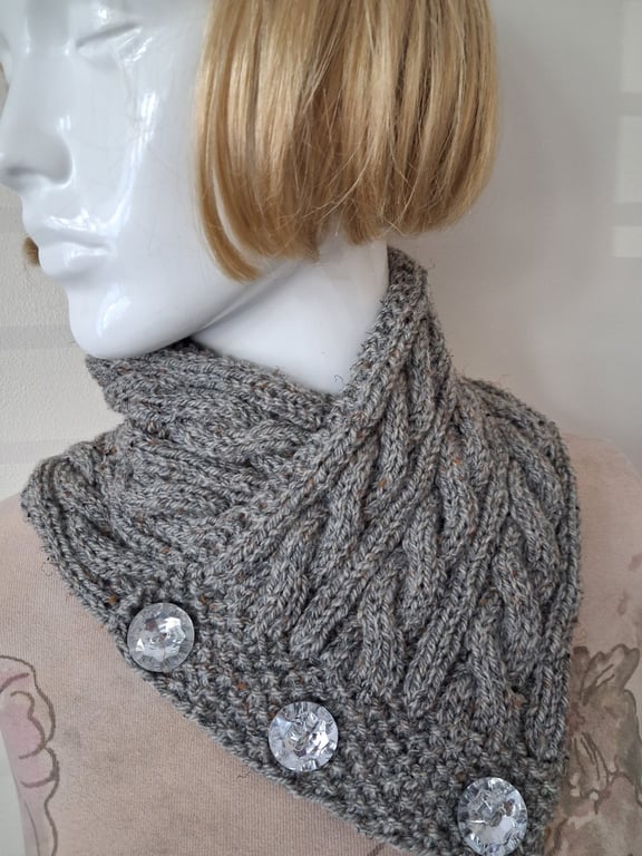 Grey Neck Wrap Warmer With Mock Crystal Buttons (A201)
