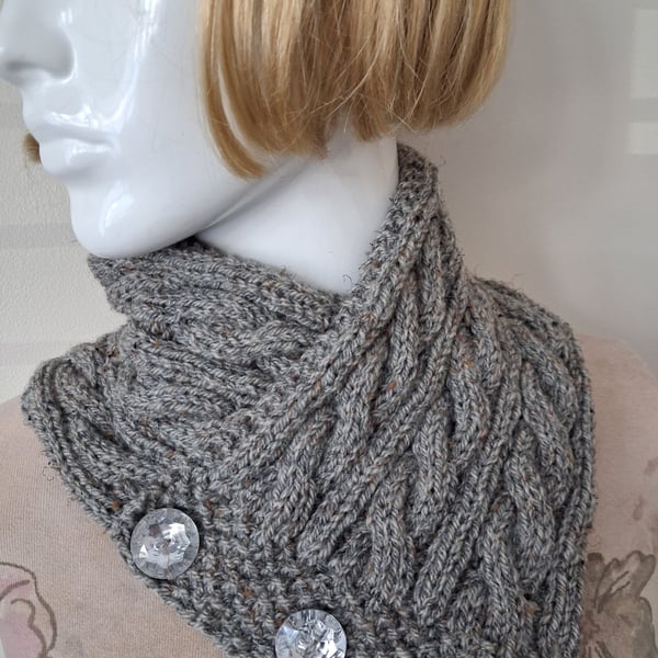 Grey Neck Wrap Warmer With Mock Crystal Buttons (A201)