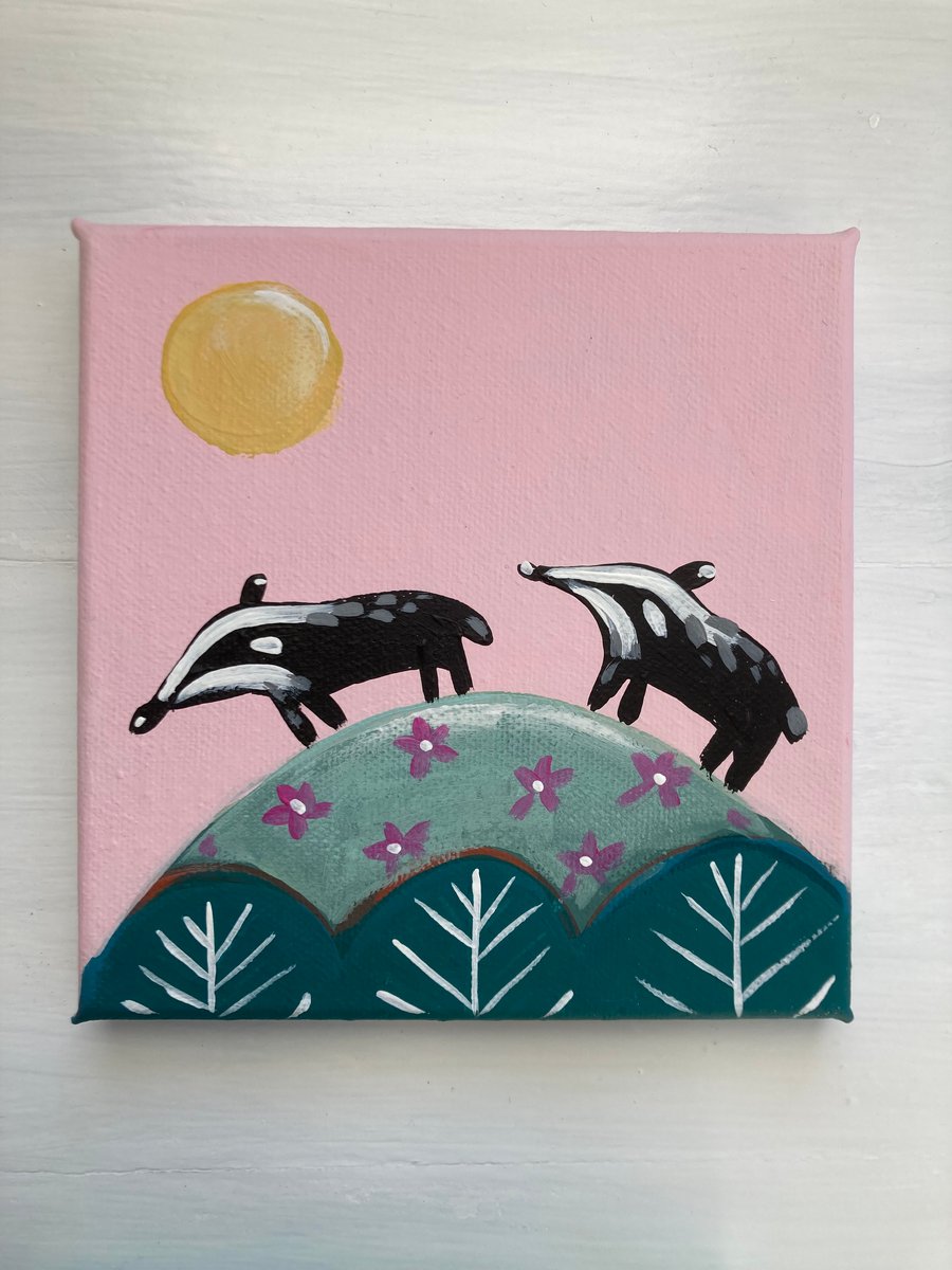 Animal Folk Original Art Badgers Pink 