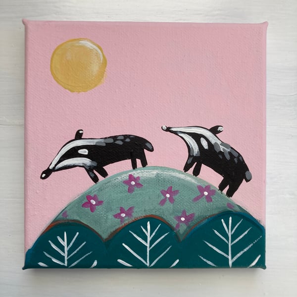 Animal Folk Original Art Badgers Pink 