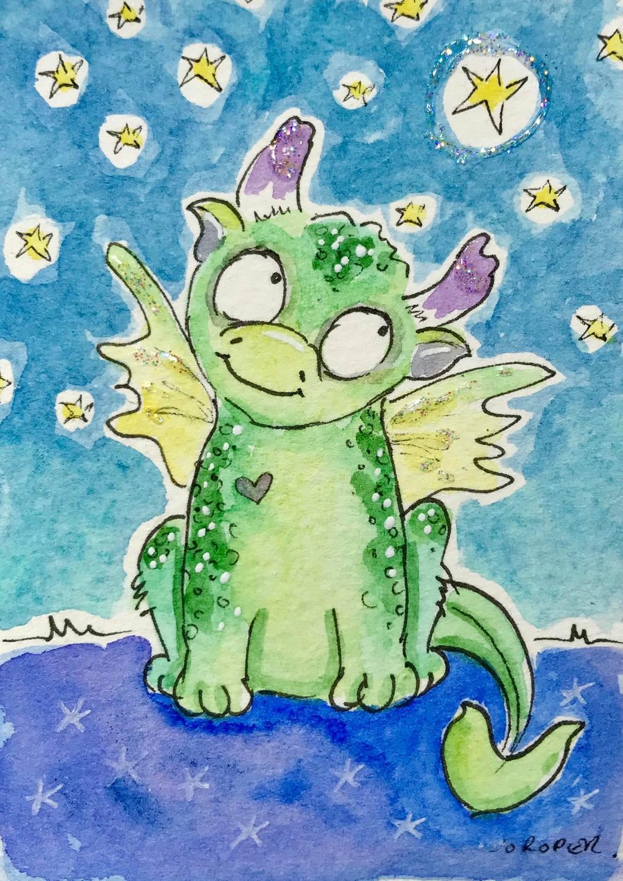Original ACEO Dragon Little Lime star ACEO Jo Roper