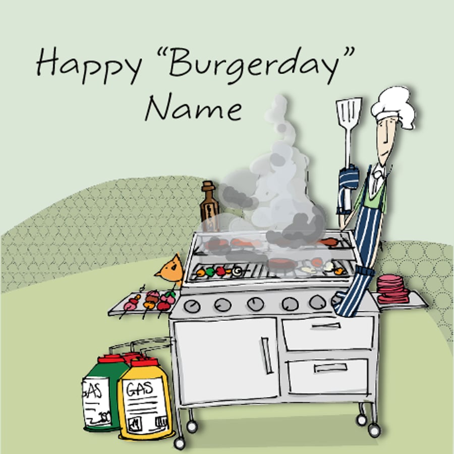 Funny male birthday card, Happy Burgerday Name, BBQ male birthday card