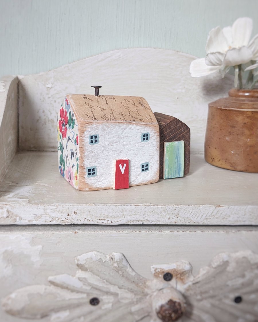 Little Handmade Painted Wooden House with Teeny Side Shed