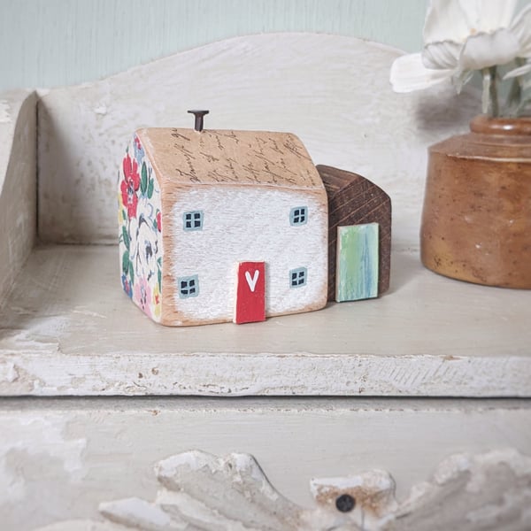 Little Handmade Painted Wooden House with Teeny Side Shed