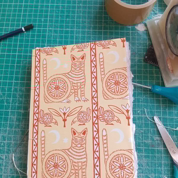 Coptic stitch watercolour sketchbook A5 cat woodblock print cover handbound 
