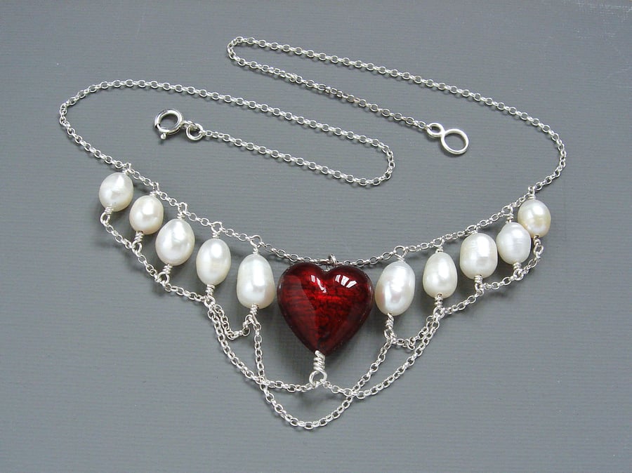 Heart in Chains Freshwater Pearl & Red Murano Heart Necklace in Sterling Silver