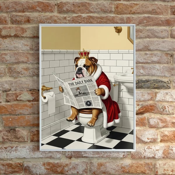 Bull Dog Sat on the loo reading a newspaper Bathroom Wall Prints
