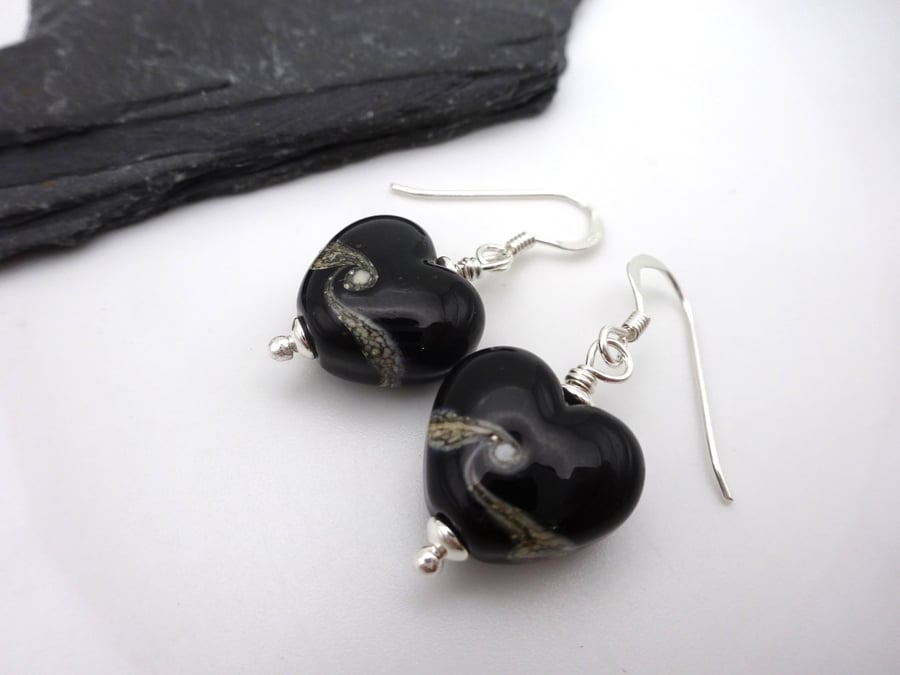 lampwork glass black heart earrings