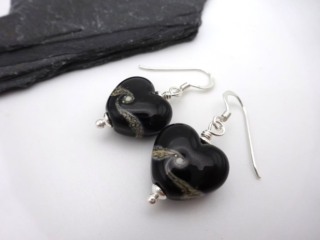lampwork glass black heart earrings