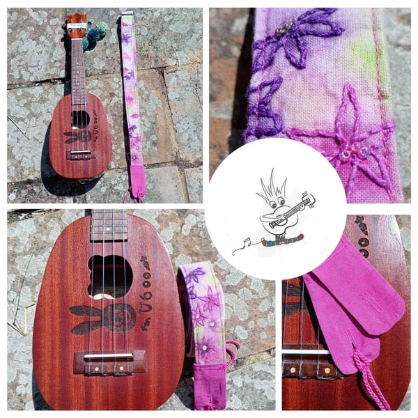Hand painted, hand embroidered pretty floral Ukulele Strap