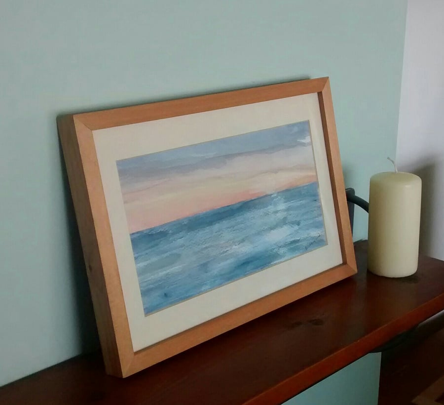 Original Watercolour Seascape Framed Painting, Peach Sky