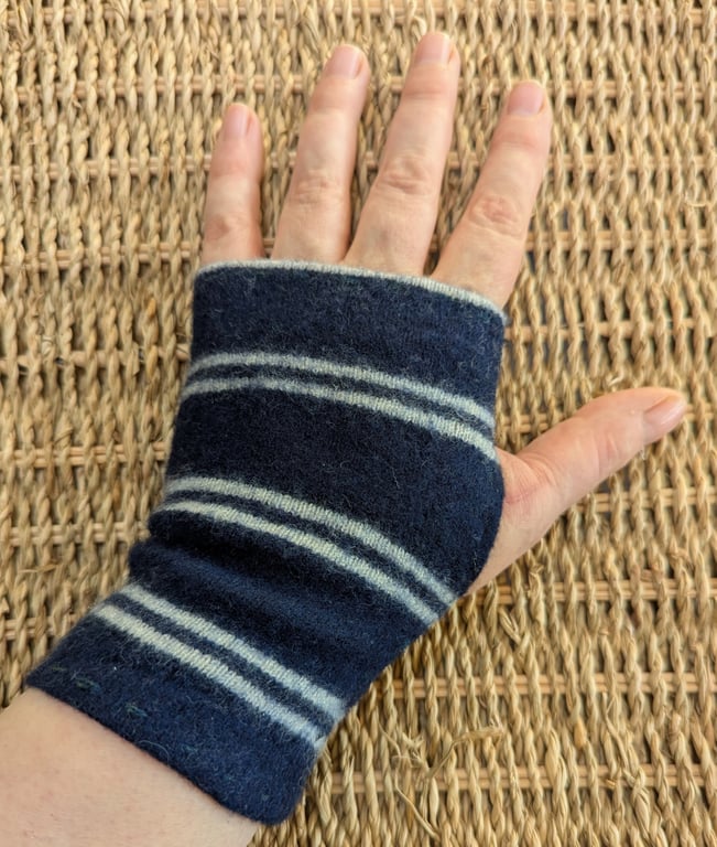 Soft Navy Striped Wool Wrist Warmers Upcycled from recycled knitwear 