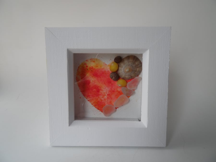 Orange Yellow Tie-Dye Heart Cornish Sea Glass Picture - Wall Art Picture P278