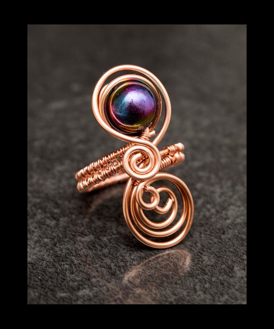 Copper ring,rainbow black agate copper ring, adjustable rings, copper wire ring-