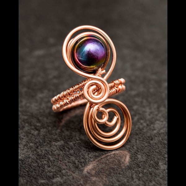 Copper ring,rainbow black agate copper ring, adjustable rings, copper wire ring-