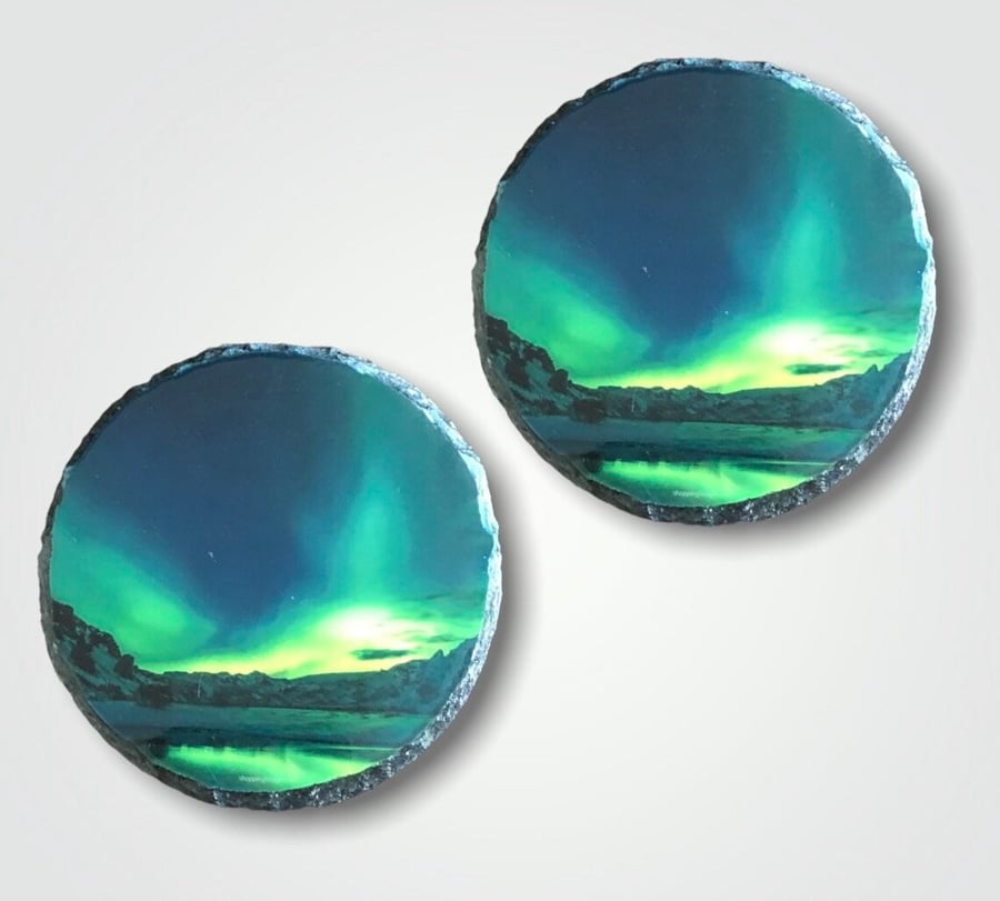 Northern Lights, Aurora Borealis Set Of Two Rock Slate Coasters
