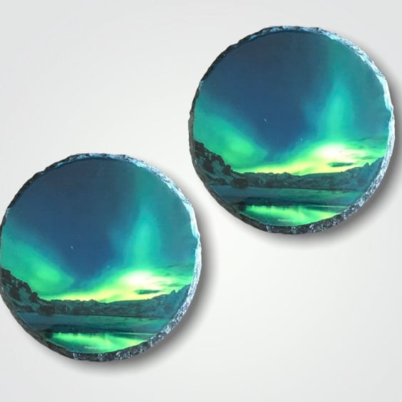 Northern Lights, Aurora Borealis Set Of Two Rock Slate Coasters