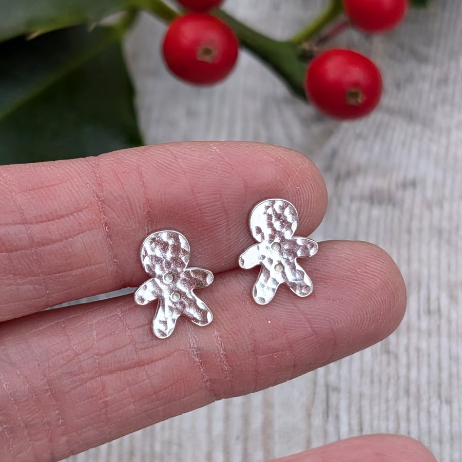 Silver Hammered Gingerbread Stud Earrings - Festive, Christmas, Fun