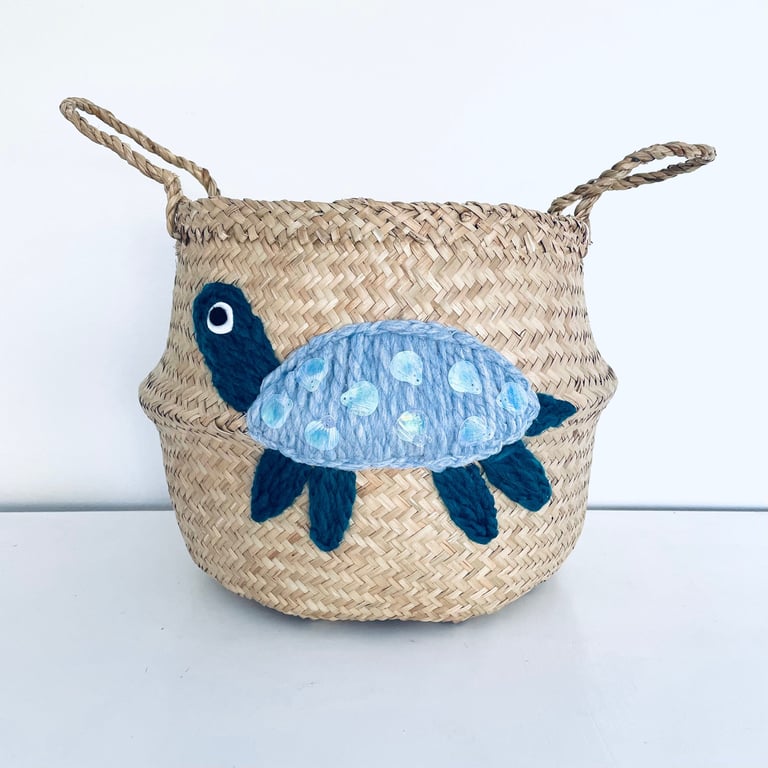 Blue Sea turtle belly basket for kids toy storage nursery or bedroom