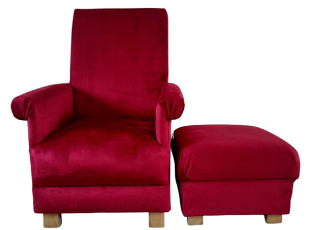 Plain Red Velvet Chair Adult Armchair & Footstool Nursery Accent Pouffe Small