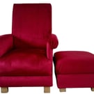 Plain Red Velvet Chair Adult Armchair & Footstool Nursery Accent Pouffe Small