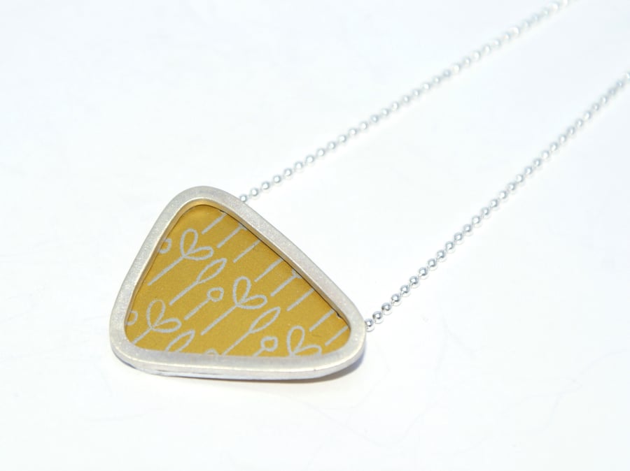 Silver and yellow triangle necklace - spring buds pattern