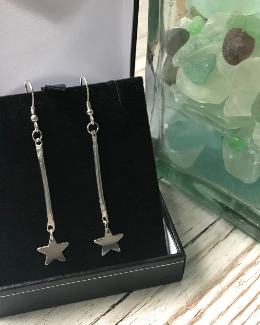 Handmade Sterling Silver 925 Star Drop Hook Earrings