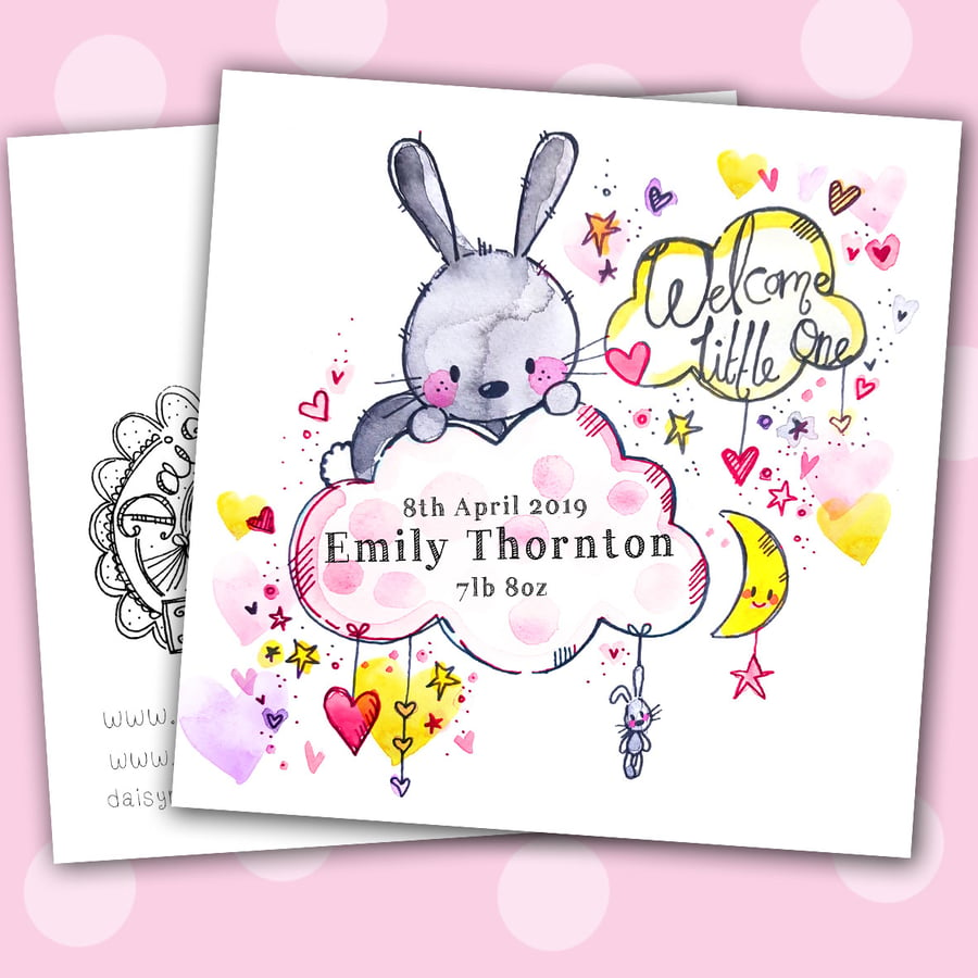 New Lil' Baby Bunny Girl personalised white linen 6 inch card print from origina