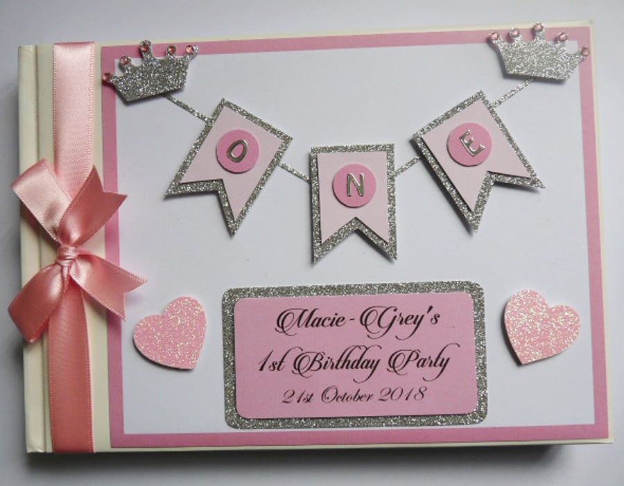 Pink and silver princess birthday guest book, glitter crowns birthday book, gift