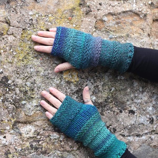 Fingerless gloves - Comfy mittens green blue grey women's, knitwear UK gift 