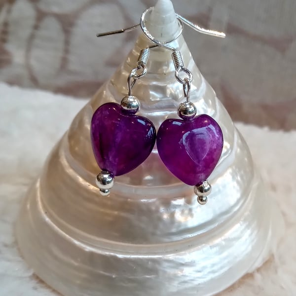 Real AMETHYST hearts & Tibetan silver with 925 silver earwires EARRINGS