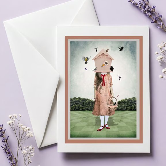 Quirky Girl And Garden Birds Art Greeting Card - Suitable For Framing