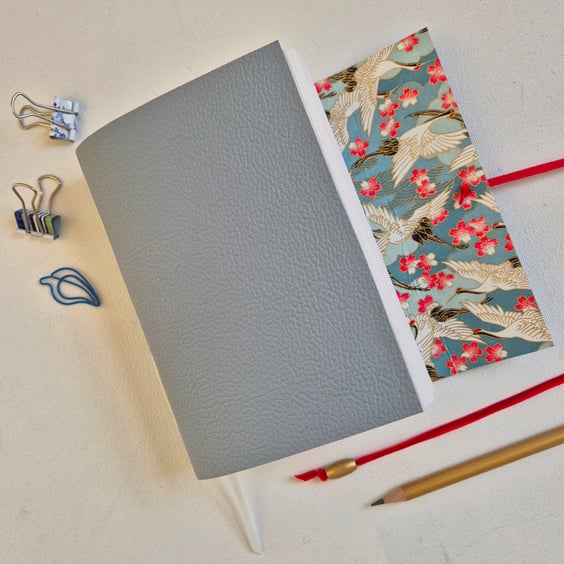 Crane and Blossom Journal, Pale Blue Leather, A6, Notebook or Sketchbook