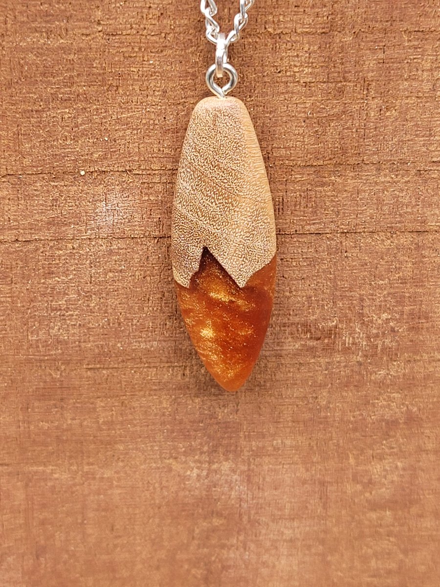 Olive wood and copper-orange resin pendant - free UK postage