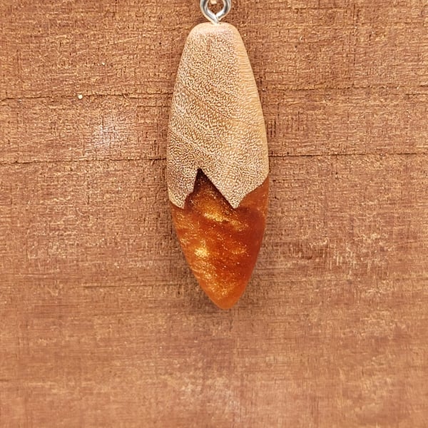 Olive wood and copper-orange resin pendant - free UK postage