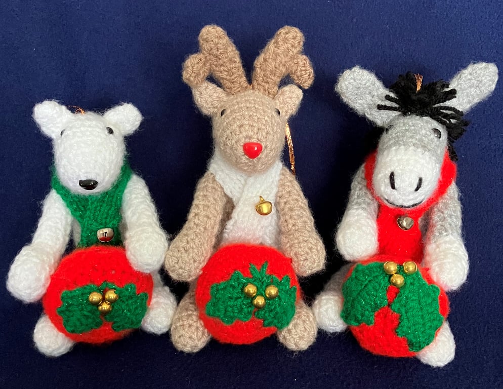 Set of three Christmas characters Polar bear, reindeer and donkey