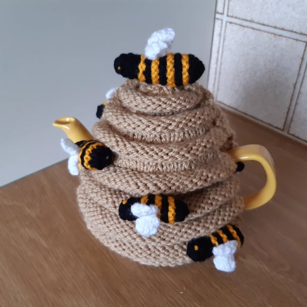 Bee Hive Tea Cosy Hand Knitted With Bees Four To Six Cup