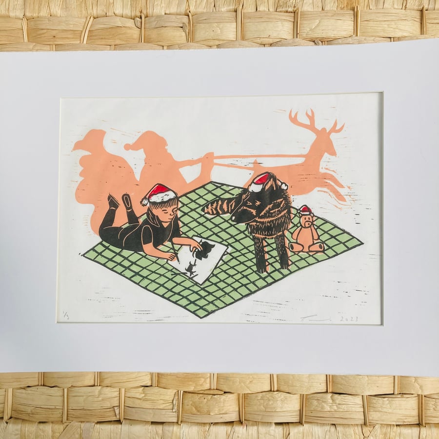 Christmas Lino Print, Christmas print, Christmas gift, writing to Santa. 
