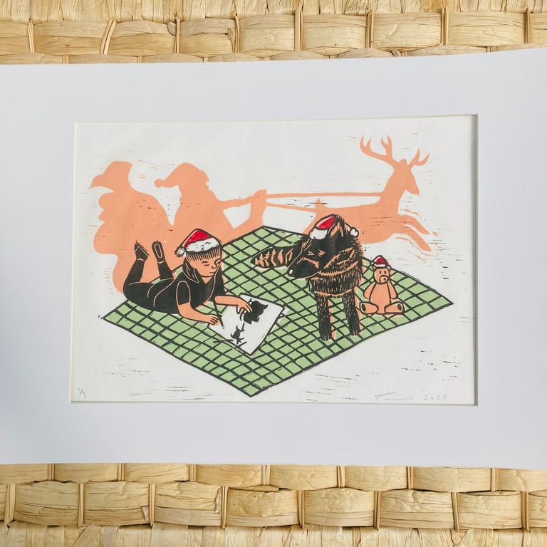 Christmas Lino Print, Christmas print, Christmas gift, writing to Santa. 