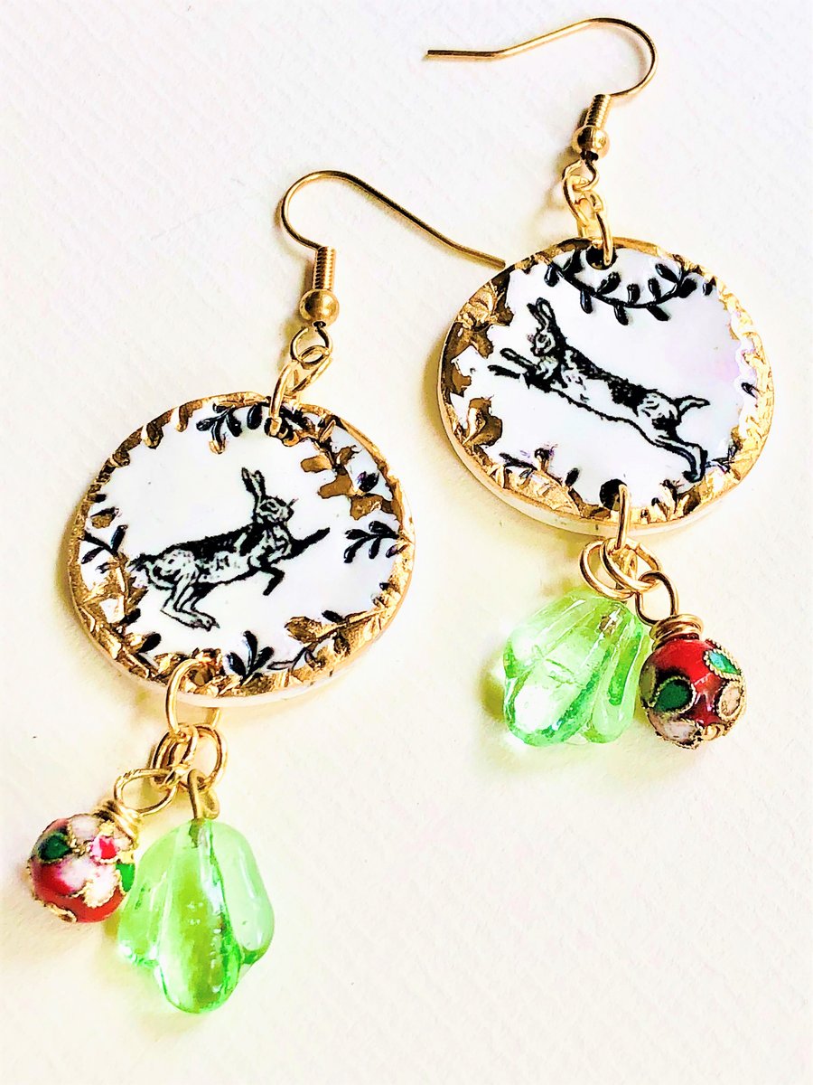 UNIQUE, LUXURY DANCING-HARES EARRINGS,  PORCELAIN CERAMIC( free shipping uk)