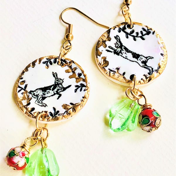 UNIQUE, LUXURY DANCING-HARES EARRINGS,  PORCELAIN CERAMIC( free shipping uk)