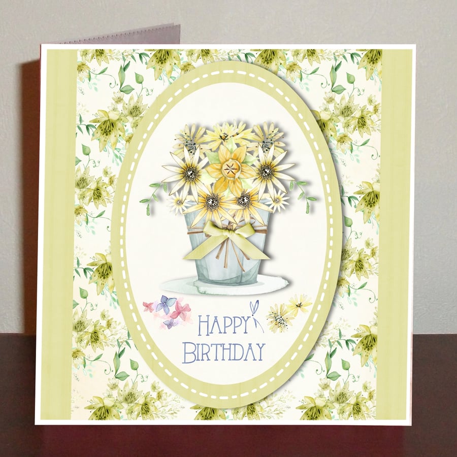 Female birthday card with bouquet of daisies.