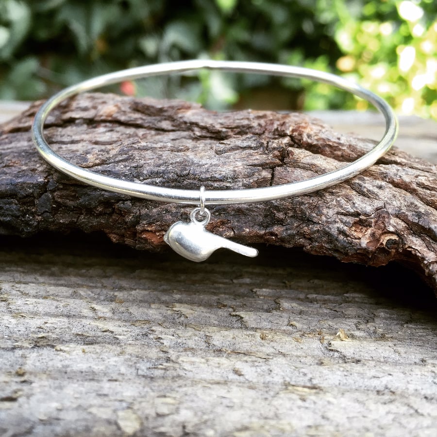 Bird Sterling silver bangle with charm, bird charm bracelet 
