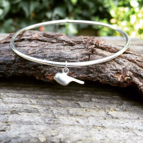 Bird Sterling silver bangle with charm, bird charm bracelet 